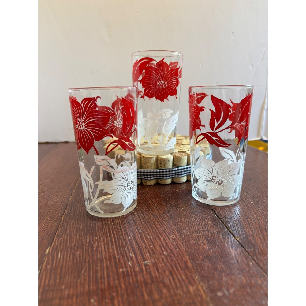 Vintage Red and White Floral Juice Glasses Set of 3 Mid Century Retro Tumblers
